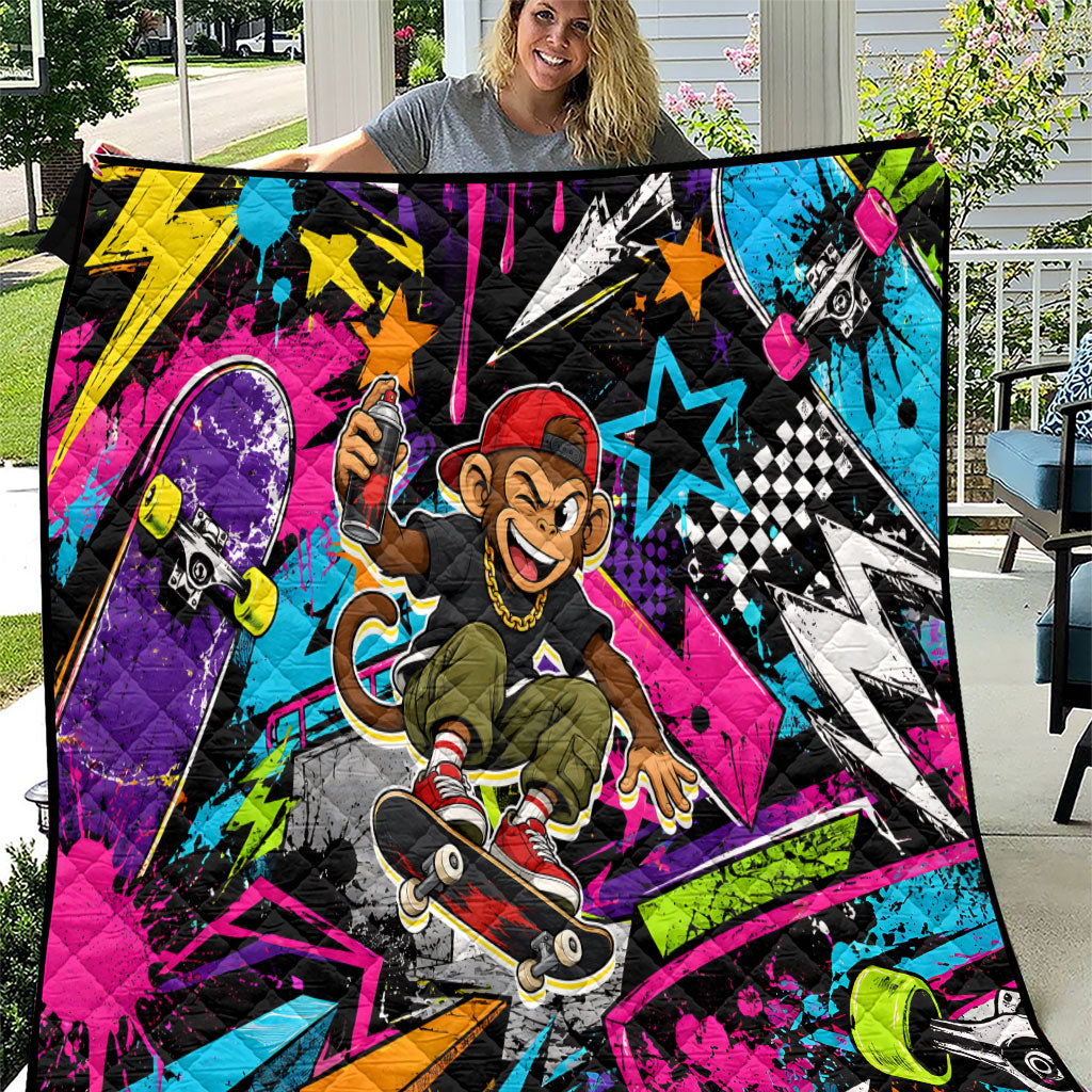 Skateboarding Monkey Quilt Neon Graffiti Spray Paint Urban Streetwear Art