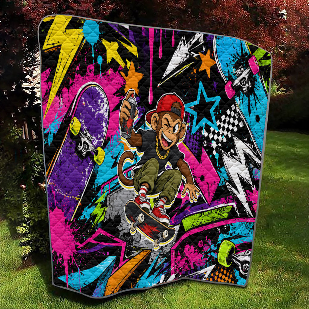 Skateboarding Monkey Quilt Neon Graffiti Spray Paint Urban Streetwear Art