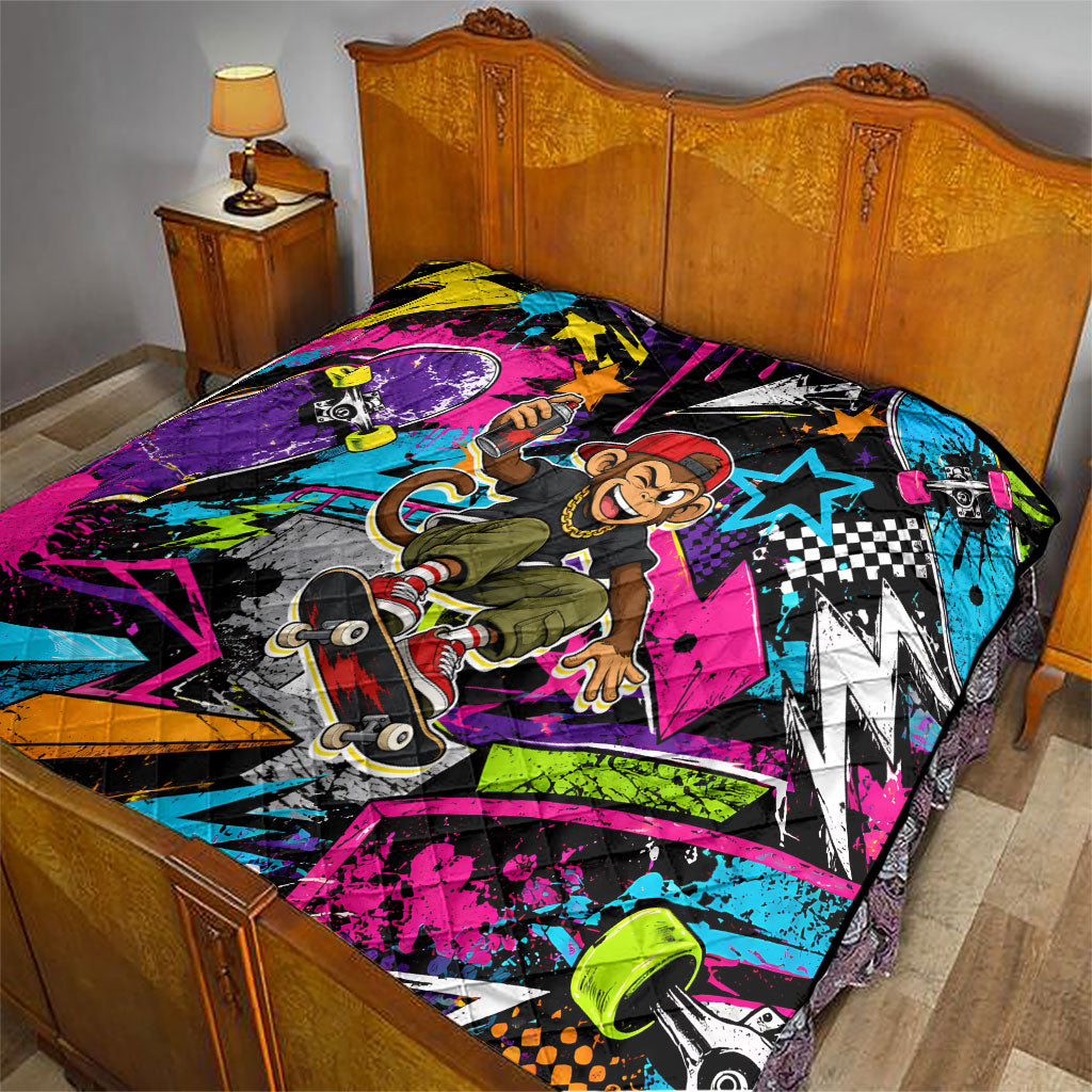 Skateboarding Monkey Quilt Neon Graffiti Spray Paint Urban Streetwear Art