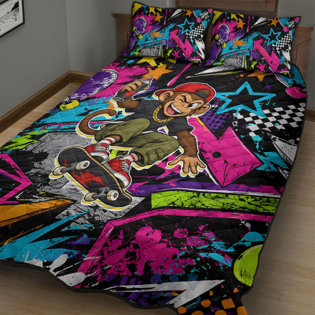 Skateboarding Monkey Quilt Bed Set Neon Graffiti Spray Paint Urban Streetwear Art
