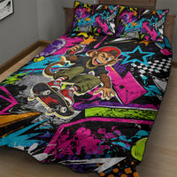 Skateboarding Monkey Quilt Bed Set Neon Graffiti Spray Paint Urban Streetwear Art