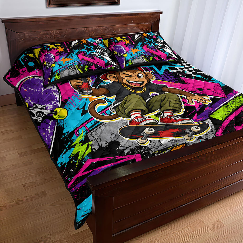 Skateboarding Monkey Quilt Bed Set Neon Graffiti Spray Paint Urban Streetwear Art