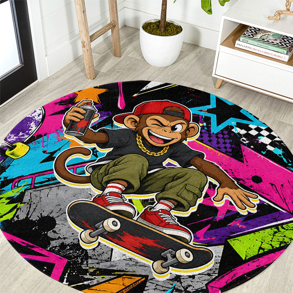Skateboarding Monkey Round Carpet Neon Graffiti Spray Paint Urban Streetwear Art
