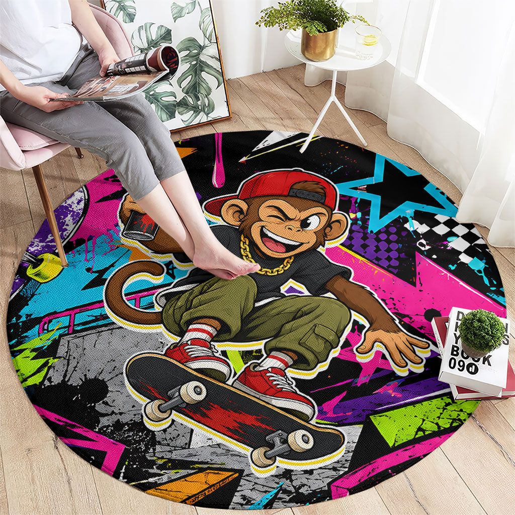 Skateboarding Monkey Round Carpet Neon Graffiti Spray Paint Urban Streetwear Art