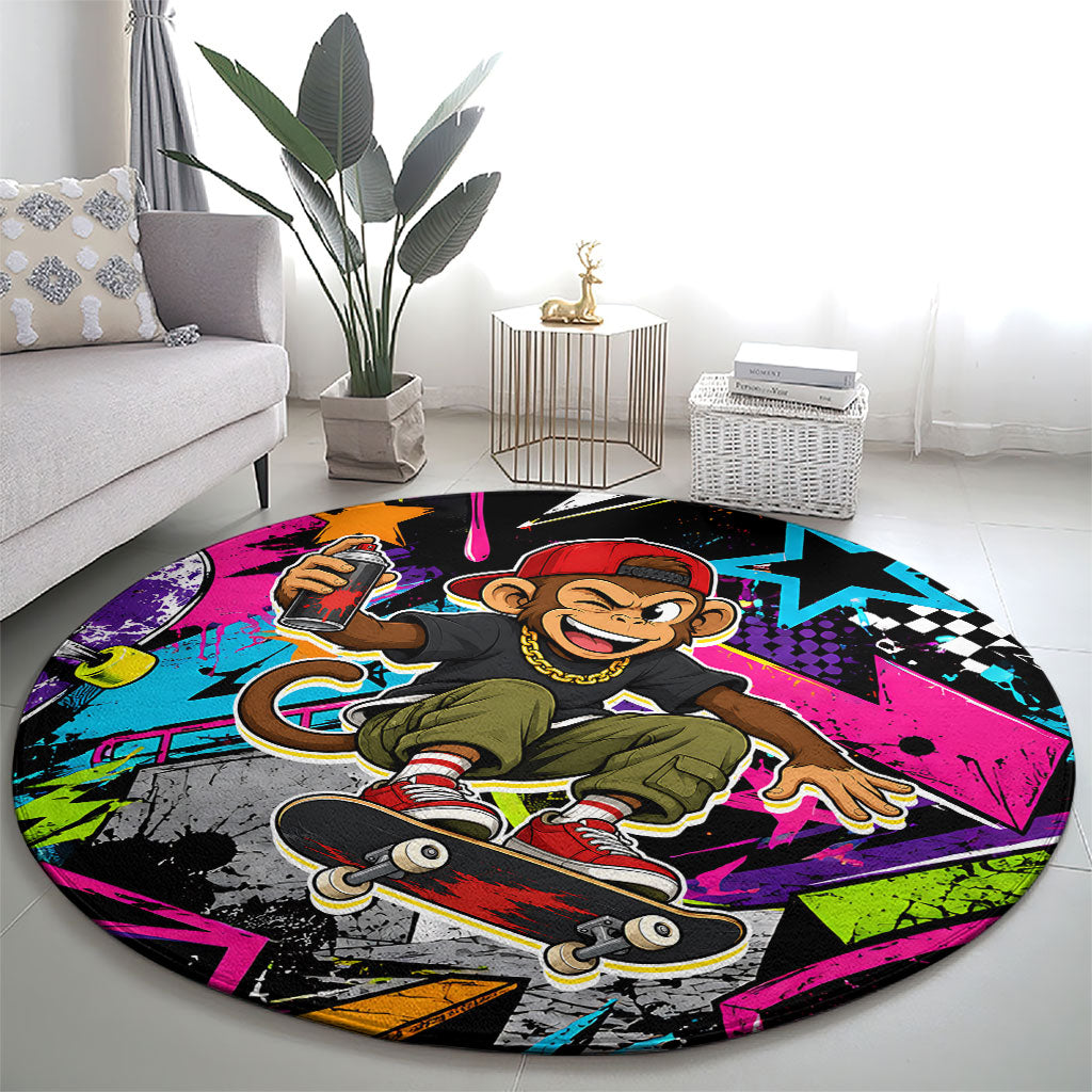 Skateboarding Monkey Round Carpet Neon Graffiti Spray Paint Urban Streetwear Art
