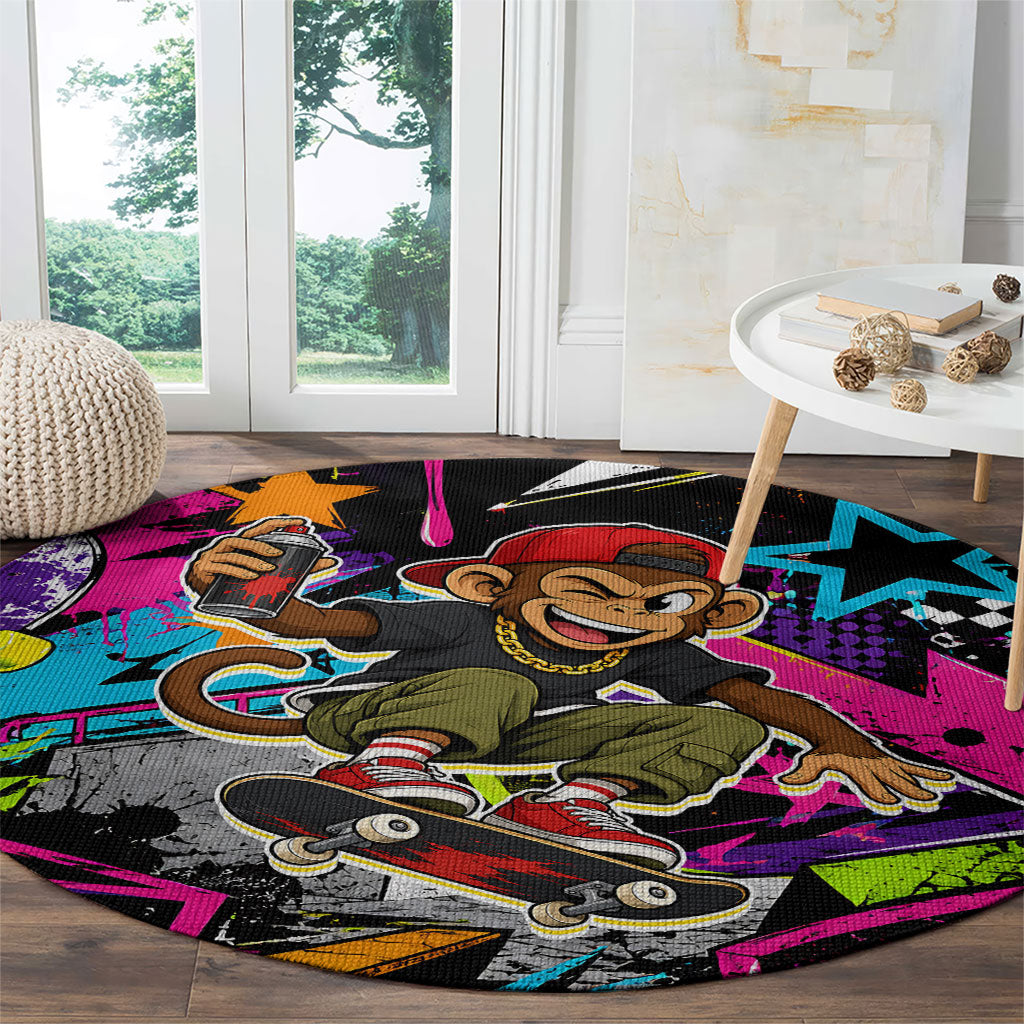 Skateboarding Monkey Round Carpet Neon Graffiti Spray Paint Urban Streetwear Art