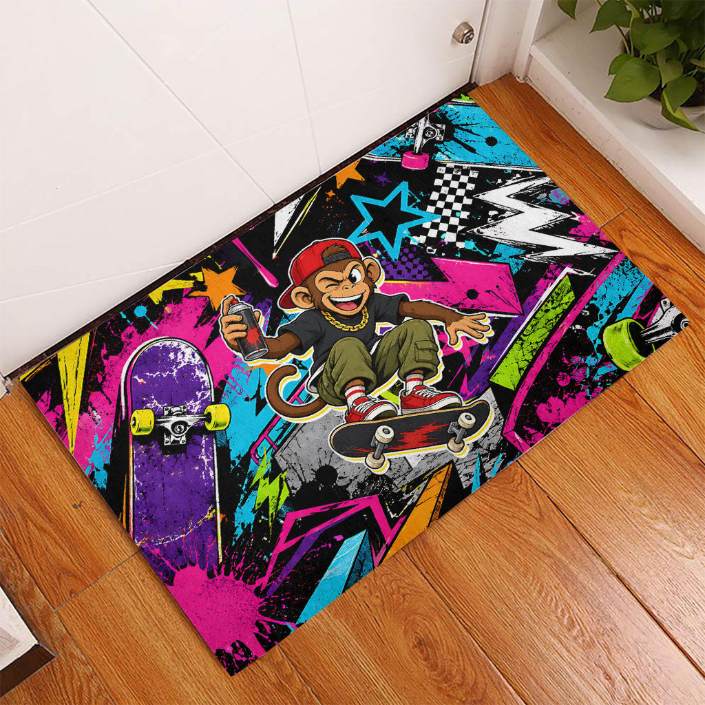 Skateboarding Monkey Rubber Doormat Neon Graffiti Spray Paint Urban Streetwear Art