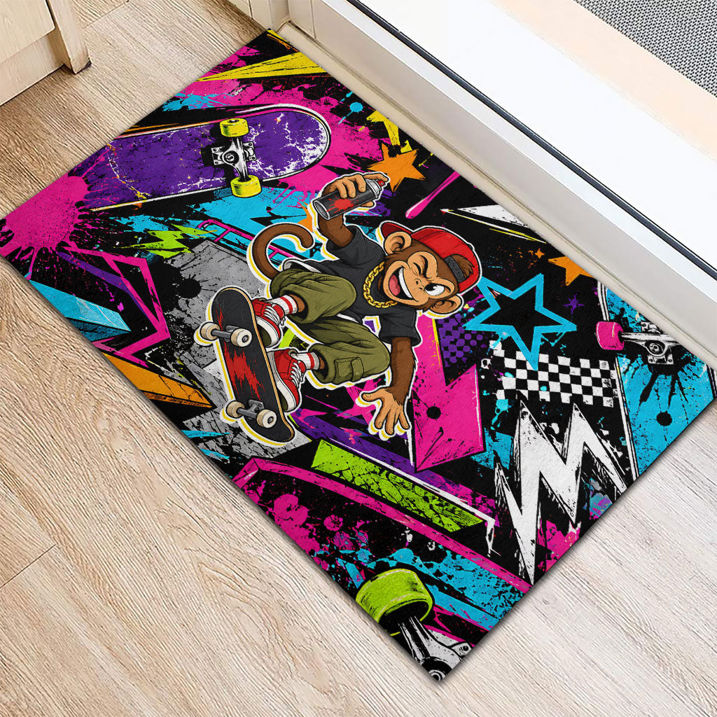 Skateboarding Monkey Rubber Doormat Neon Graffiti Spray Paint Urban Streetwear Art