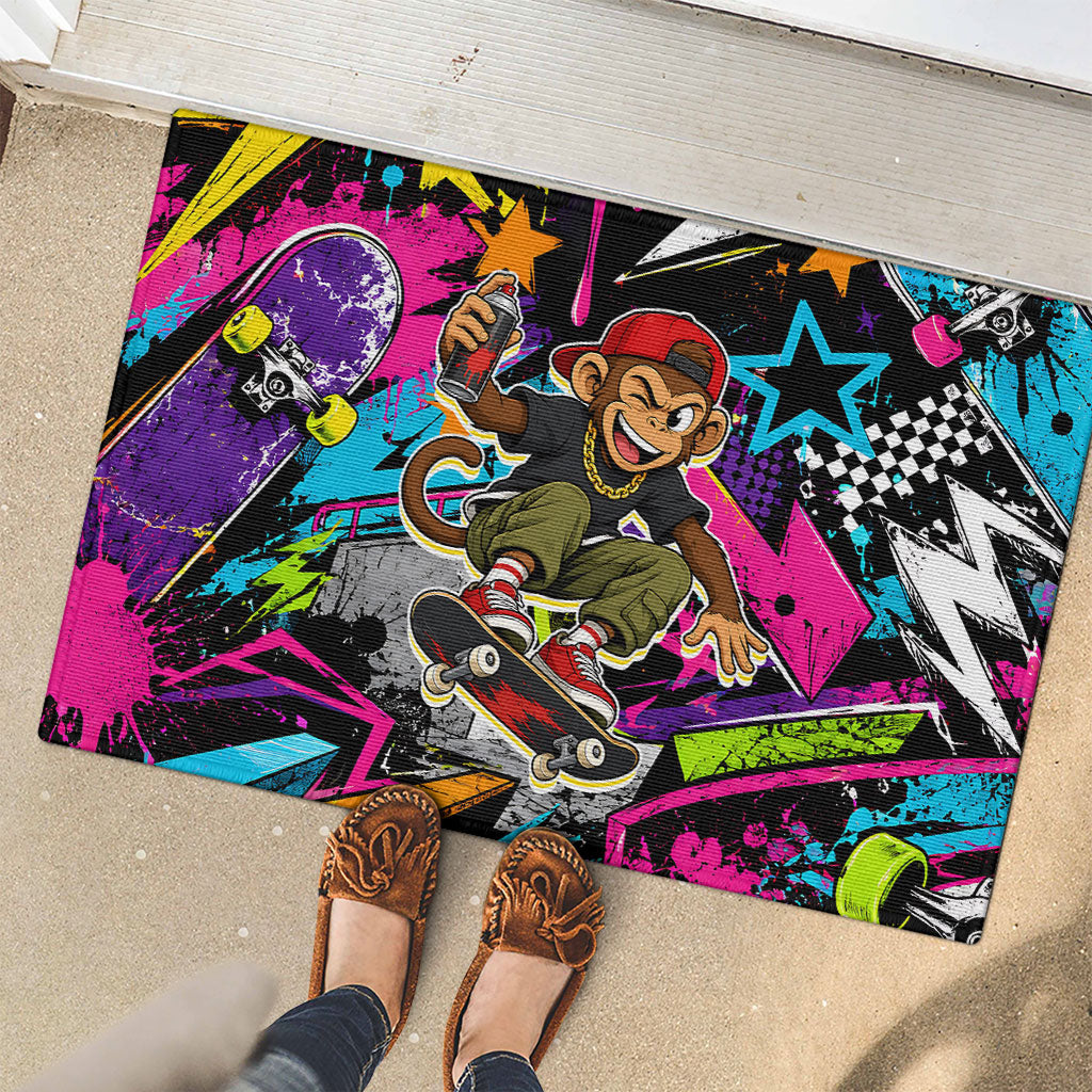 Skateboarding Monkey Rubber Doormat Neon Graffiti Spray Paint Urban Streetwear Art