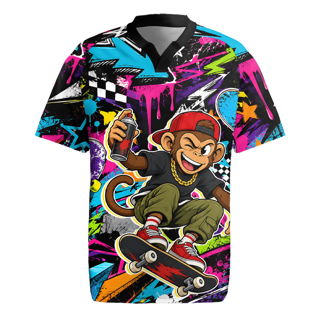 Skateboarding Monkey Rugby Jersey Neon Graffiti Spray Paint Urban Streetwear Art