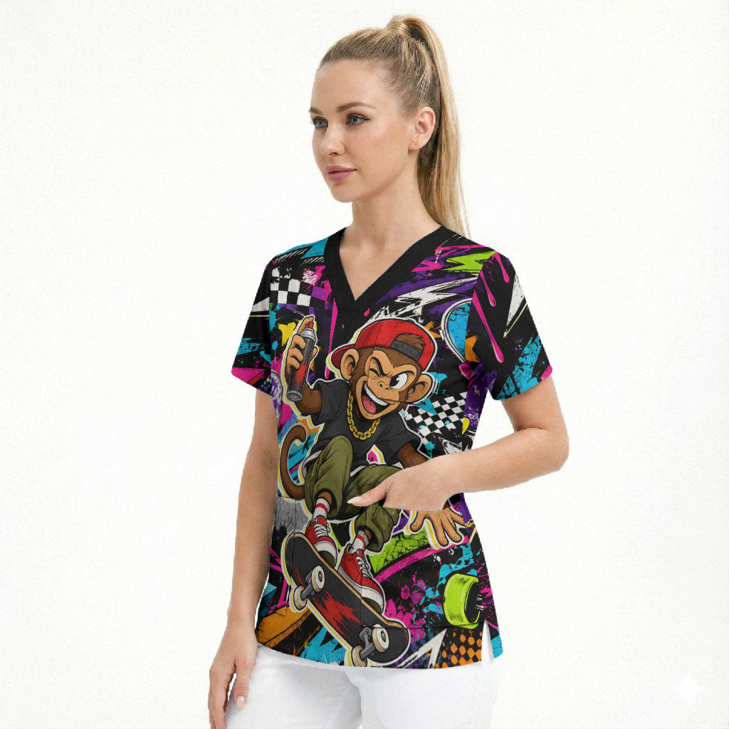 Skateboarding Monkey Scrub Top Neon Graffiti Spray Paint Urban Streetwear Art