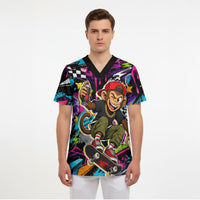 Skateboarding Monkey Scrub Top Neon Graffiti Spray Paint Urban Streetwear Art