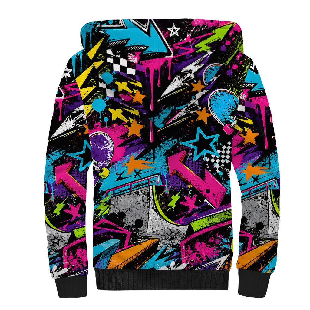 Skateboarding Monkey Sherpa Hoodie Neon Graffiti Spray Paint Urban Streetwear Art
