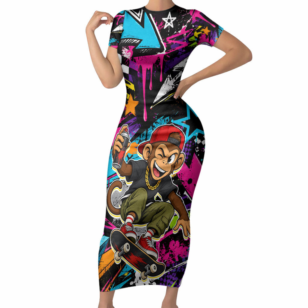Skateboarding Monkey Short Sleeve Bodycon Dress Neon Graffiti Spray Paint Urban Streetwear Art