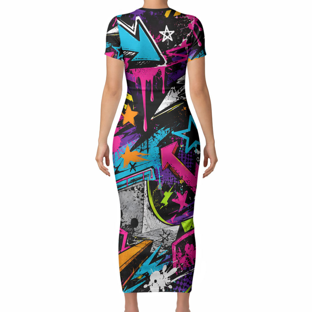 Skateboarding Monkey Short Sleeve Bodycon Dress Neon Graffiti Spray Paint Urban Streetwear Art