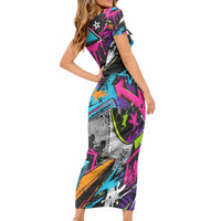 Skateboarding Monkey Short Sleeve Bodycon Dress Neon Graffiti Spray Paint Urban Streetwear Art