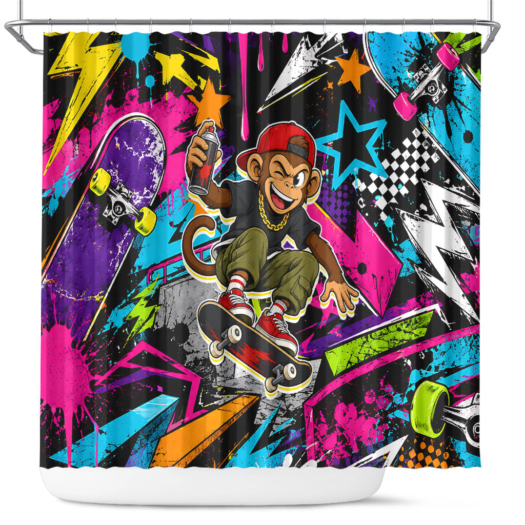 Skateboarding Monkey Shower Curtain Neon Graffiti Spray Paint Urban Streetwear Art