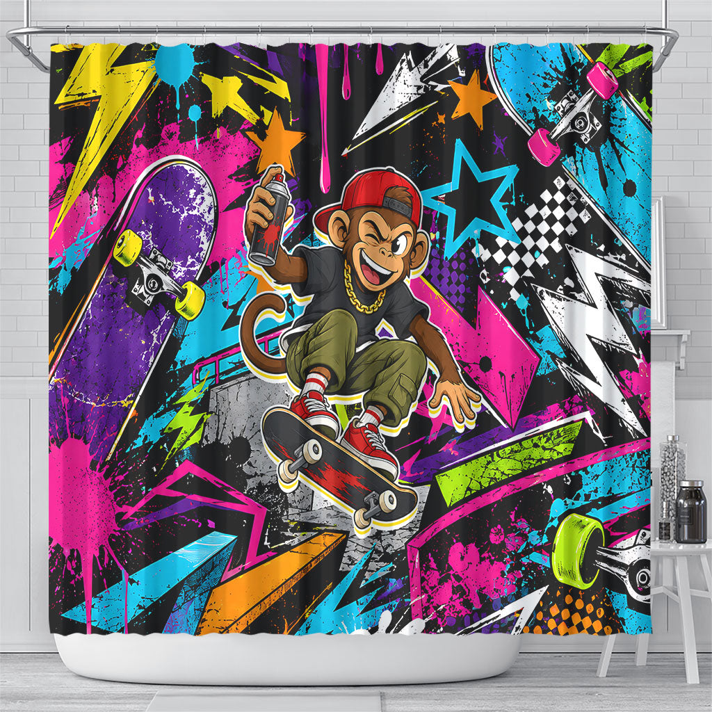 Skateboarding Monkey Shower Curtain Neon Graffiti Spray Paint Urban Streetwear Art