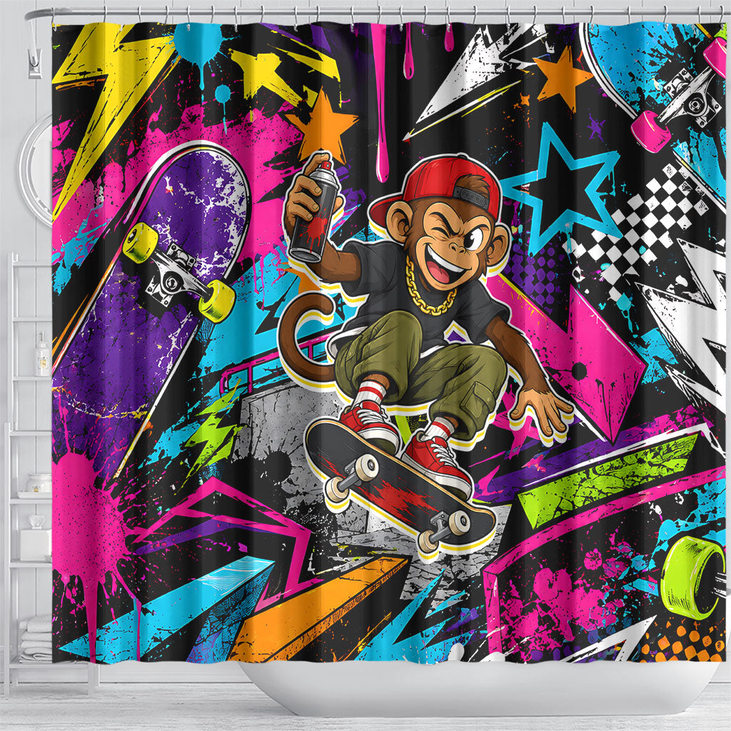 Skateboarding Monkey Shower Curtain Neon Graffiti Spray Paint Urban Streetwear Art