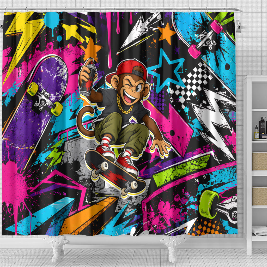 Skateboarding Monkey Shower Curtain Neon Graffiti Spray Paint Urban Streetwear Art