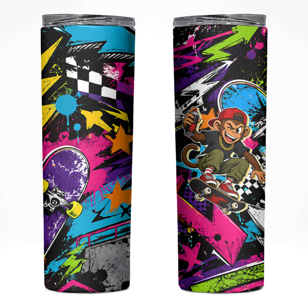 Skateboarding Monkey Skinny Tumbler Neon Graffiti Spray Paint Urban Streetwear Art