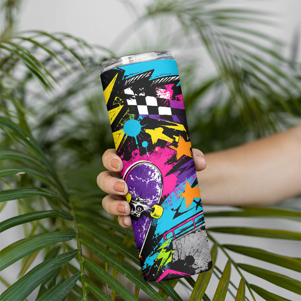 Skateboarding Monkey Skinny Tumbler Neon Graffiti Spray Paint Urban Streetwear Art