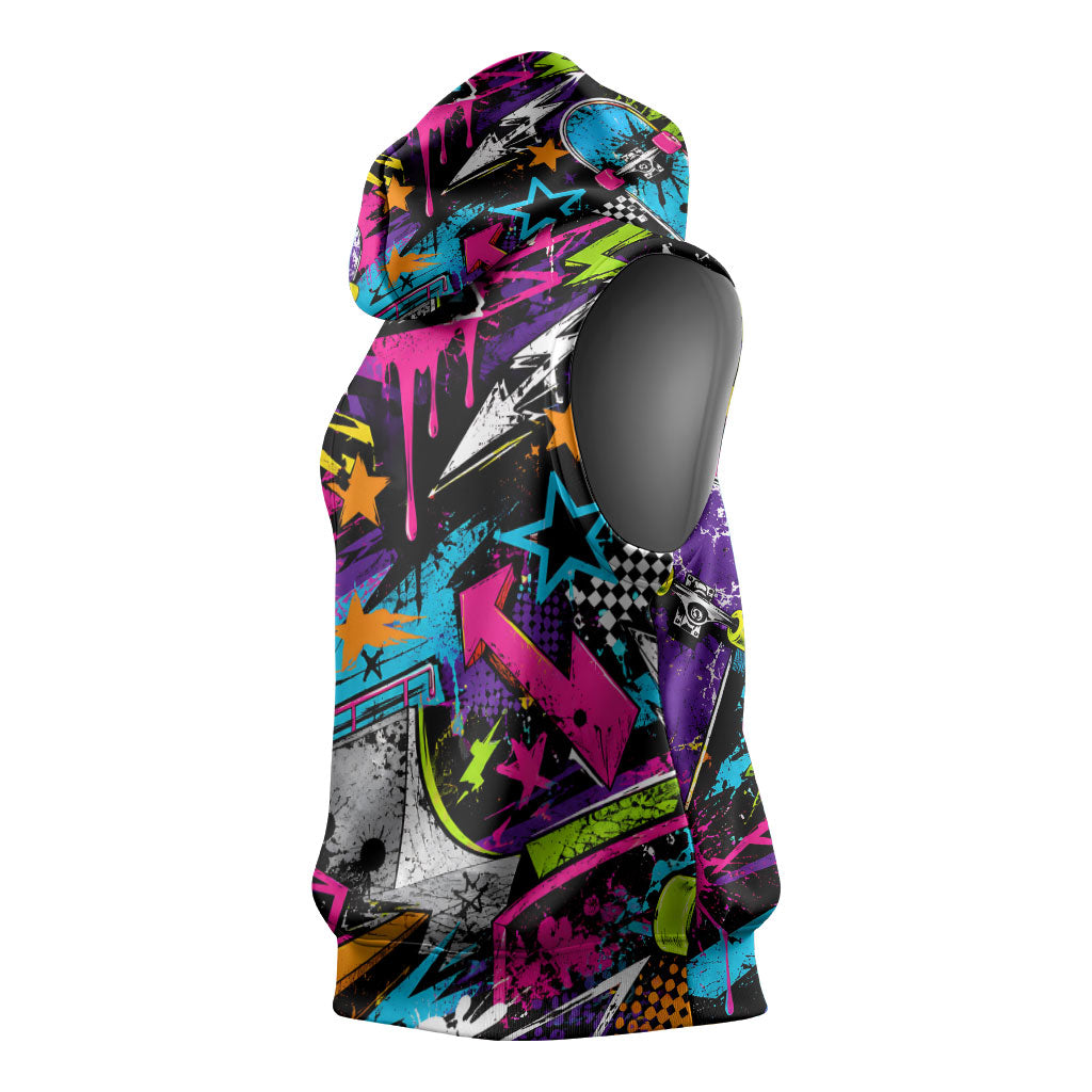 Skateboarding Monkey Sleeveless Hoodie Neon Graffiti Spray Paint Urban Streetwear Art