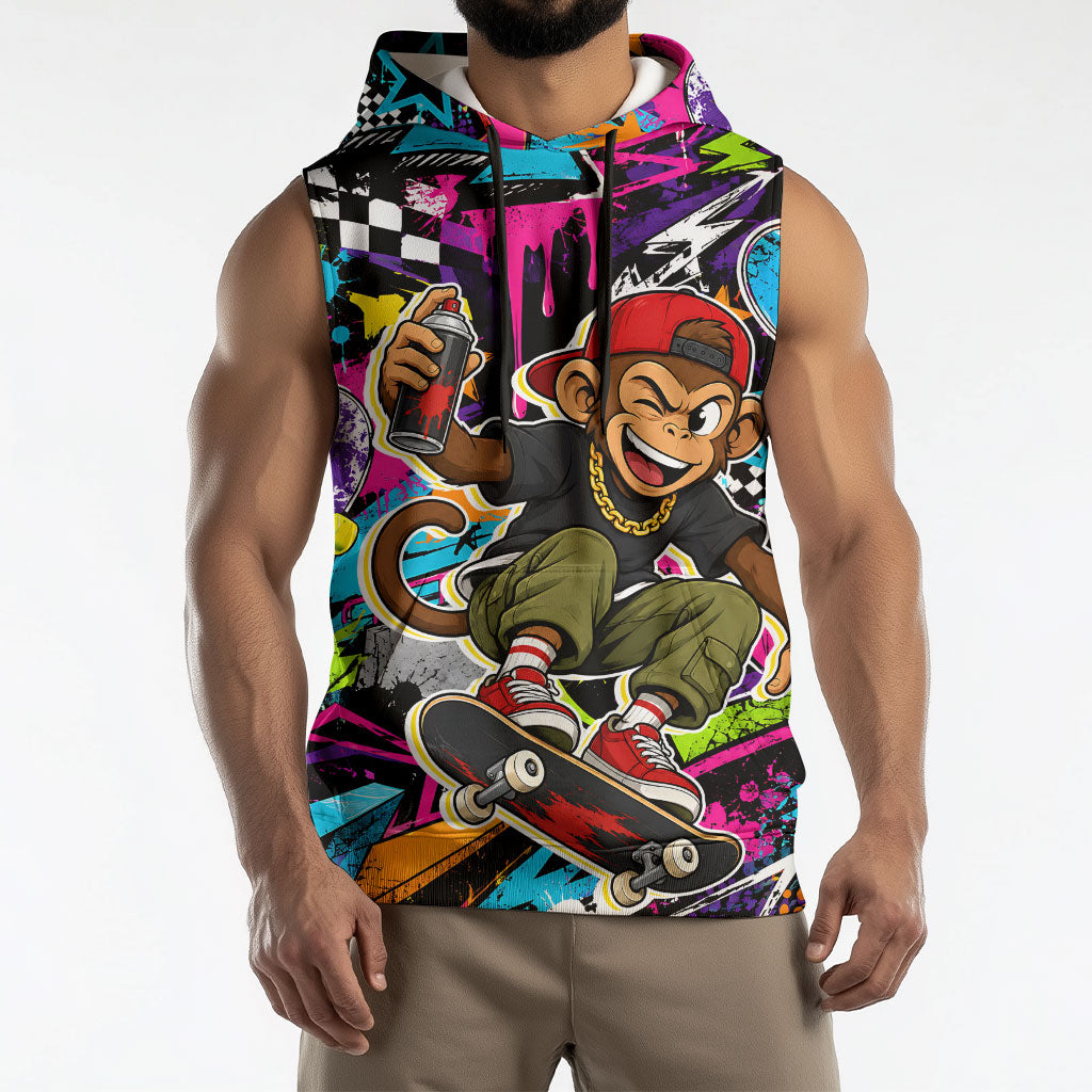 Skateboarding Monkey Sleeveless Hoodie Neon Graffiti Spray Paint Urban Streetwear Art