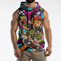 Skateboarding Monkey Sleeveless Hoodie Neon Graffiti Spray Paint Urban Streetwear Art