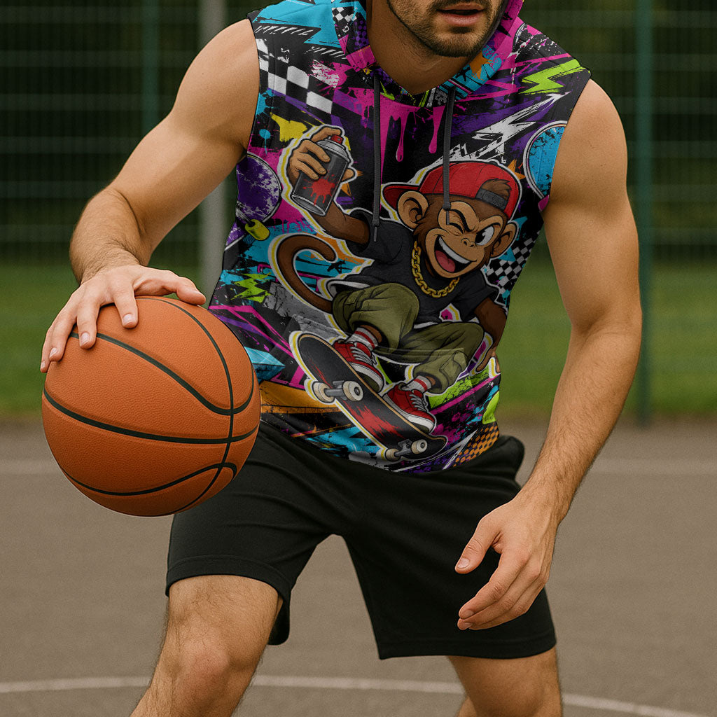 Skateboarding Monkey Sleeveless Hoodie Neon Graffiti Spray Paint Urban Streetwear Art