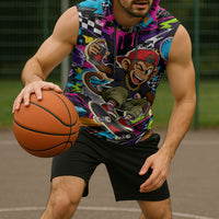 Skateboarding Monkey Sleeveless Hoodie Neon Graffiti Spray Paint Urban Streetwear Art
