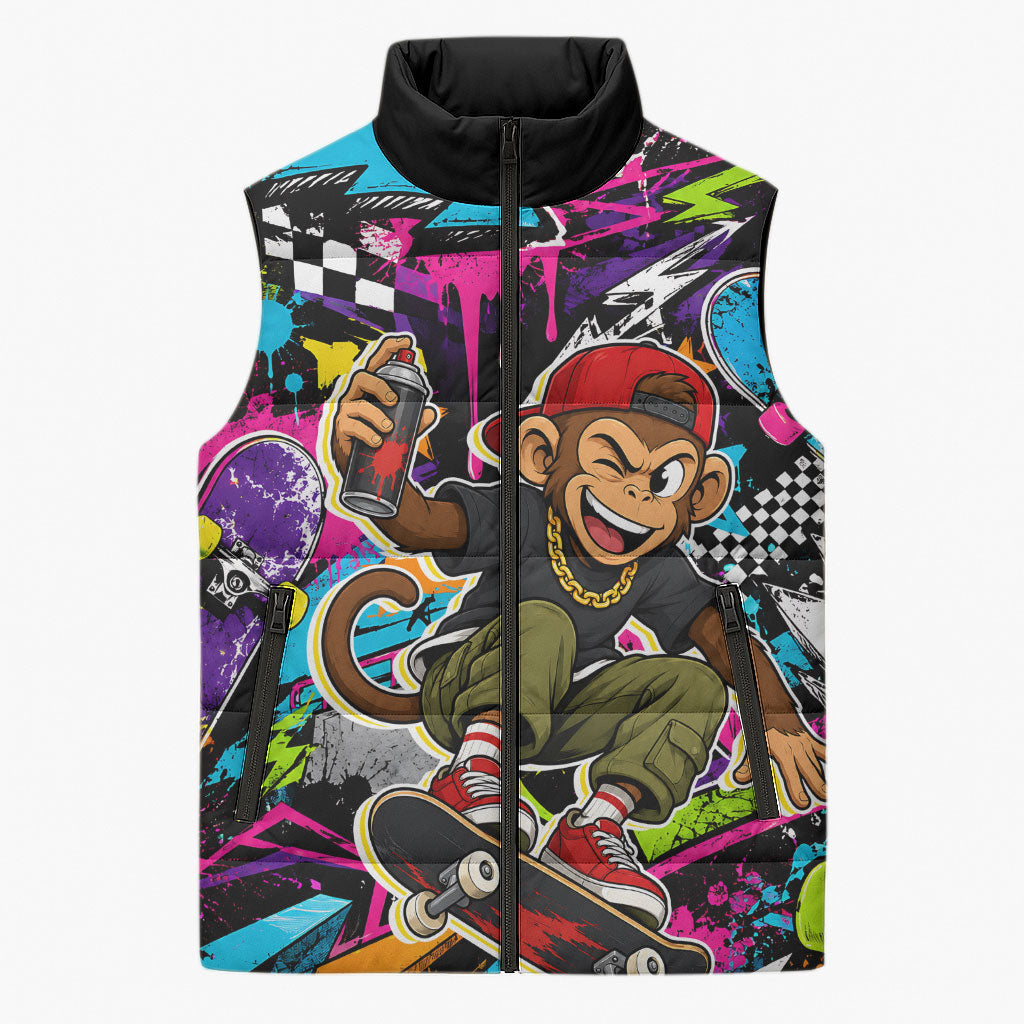Skateboarding Monkey Sleeveless Puffer Jacket Neon Graffiti Spray Paint Urban Streetwear Art