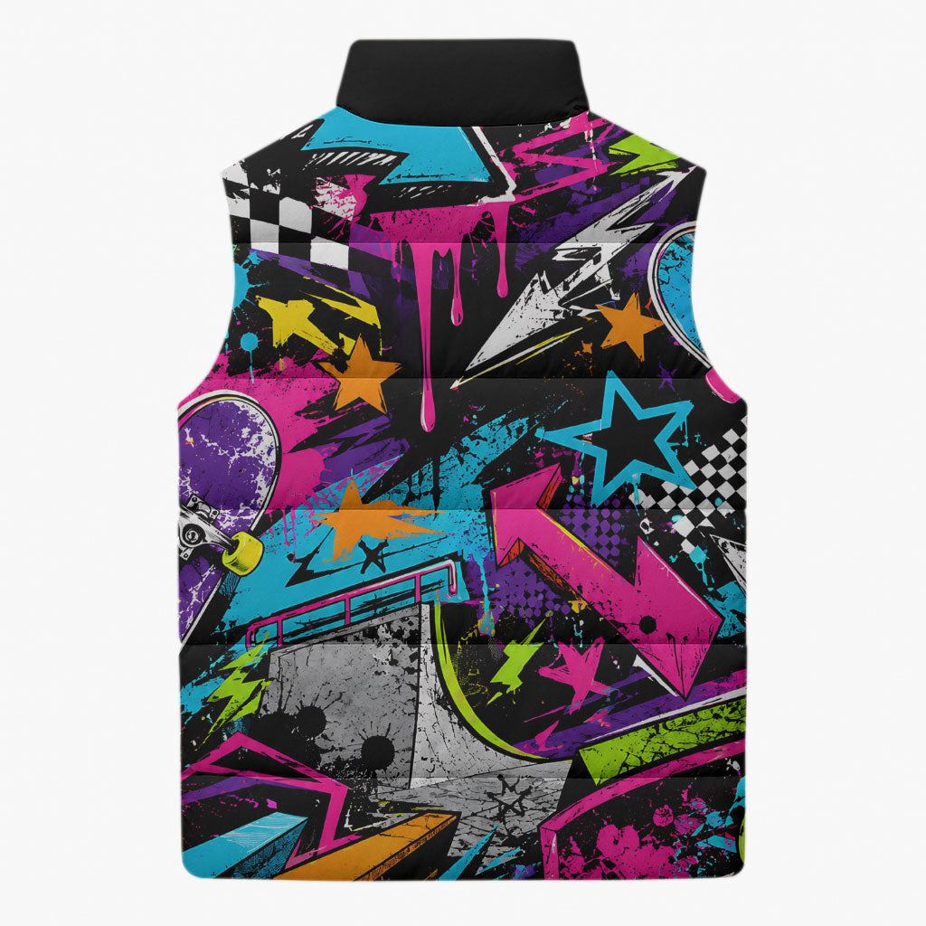 Skateboarding Monkey Sleeveless Puffer Jacket Neon Graffiti Spray Paint Urban Streetwear Art