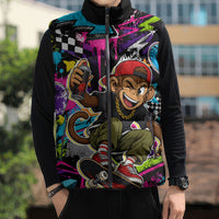 Skateboarding Monkey Sleeveless Puffer Jacket Neon Graffiti Spray Paint Urban Streetwear Art