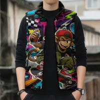 Skateboarding Monkey Sleeveless Puffer Jacket Neon Graffiti Spray Paint Urban Streetwear Art