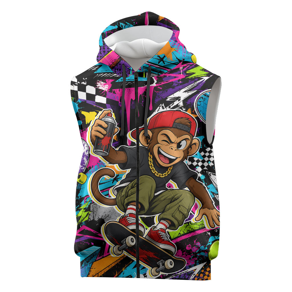 Skateboarding Monkey Sleeveless Zip Hoodie Neon Graffiti Spray Paint Urban Streetwear Art