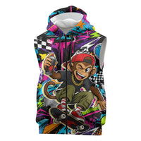 Skateboarding Monkey Sleeveless Zip Hoodie Neon Graffiti Spray Paint Urban Streetwear Art