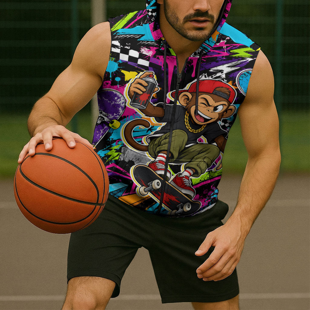 Skateboarding Monkey Sleeveless Zip Hoodie Neon Graffiti Spray Paint Urban Streetwear Art
