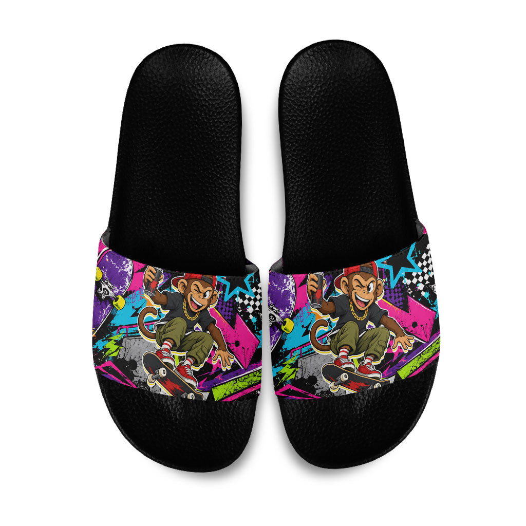 Skateboarding Monkey Slide Sandals Neon Graffiti Spray Paint Urban Streetwear Art