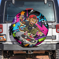 Skateboarding Monkey Spare Tire Cover Neon Graffiti Spray Paint Urban Streetwear Art