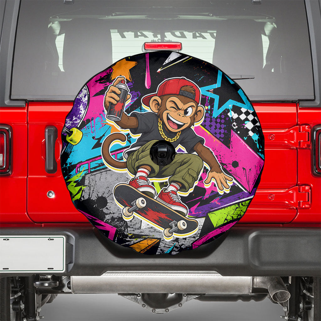 Skateboarding Monkey Spare Tire Cover Neon Graffiti Spray Paint Urban Streetwear Art