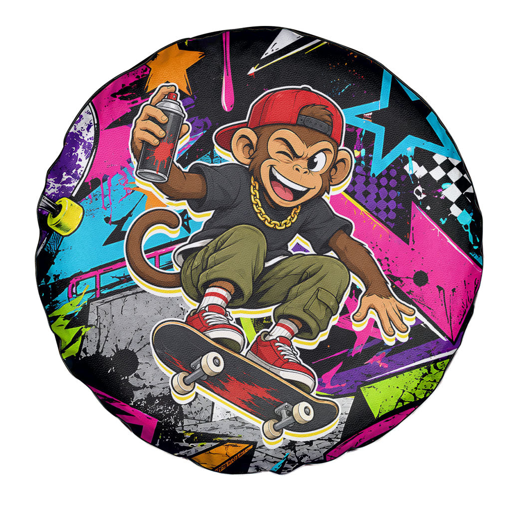 Skateboarding Monkey Spare Tire Cover Neon Graffiti Spray Paint Urban Streetwear Art
