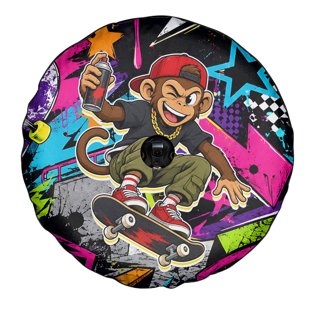Skateboarding Monkey Spare Tire Cover Neon Graffiti Spray Paint Urban Streetwear Art