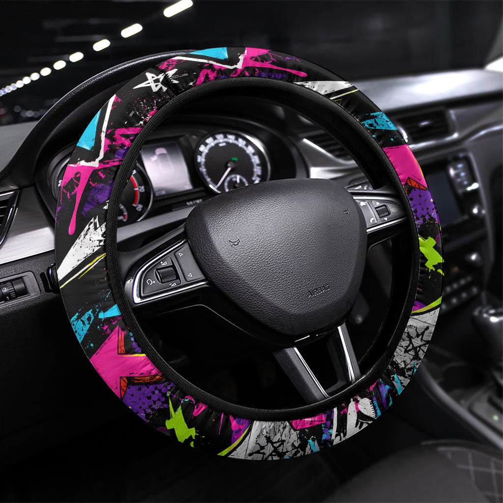 Skateboarding Monkey Steering Wheel Cover Neon Graffiti Spray Paint Urban Streetwear Art