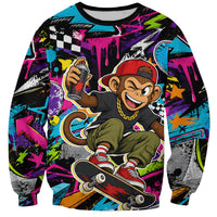 Skateboarding Monkey Sweatshirt Neon Graffiti Spray Paint Urban Streetwear Art