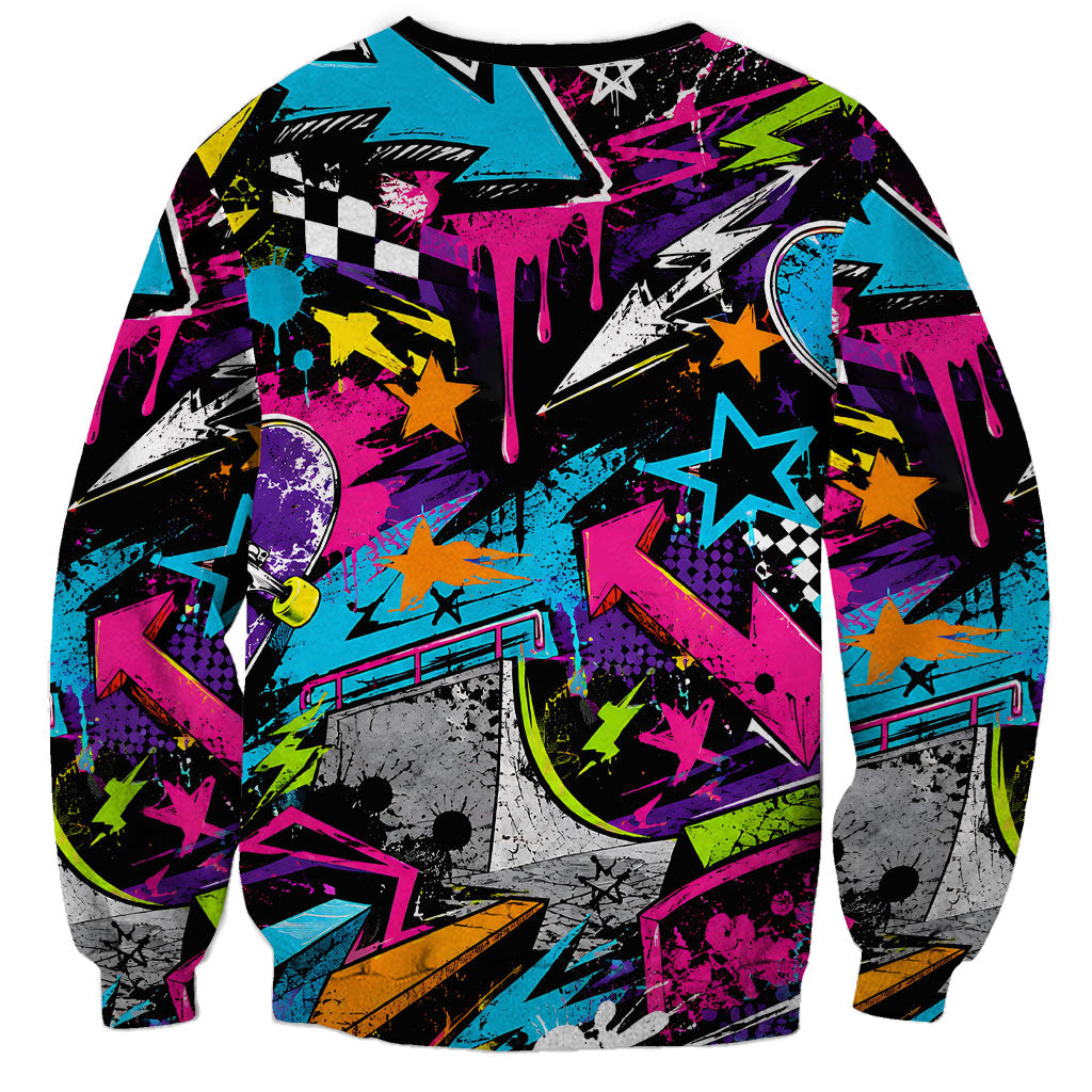 Skateboarding Monkey Sweatshirt Neon Graffiti Spray Paint Urban Streetwear Art