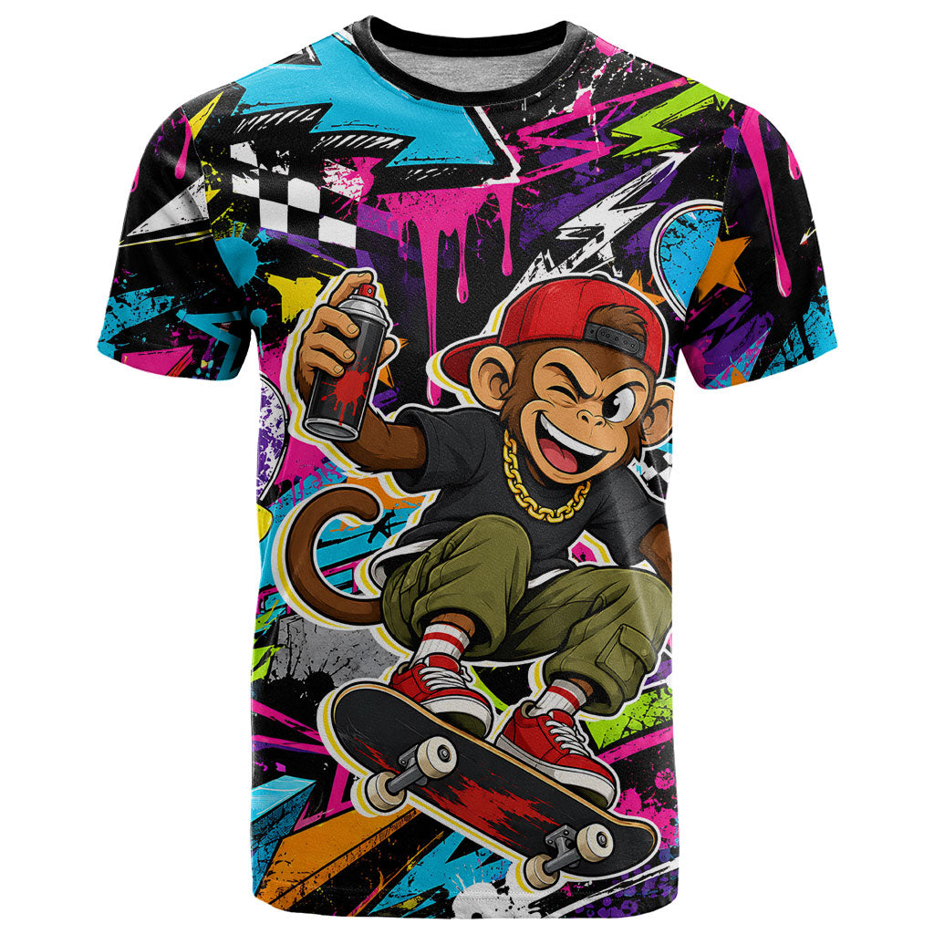Skateboarding Monkey T Shirt Neon Graffiti Spray Paint Urban Streetwear Art