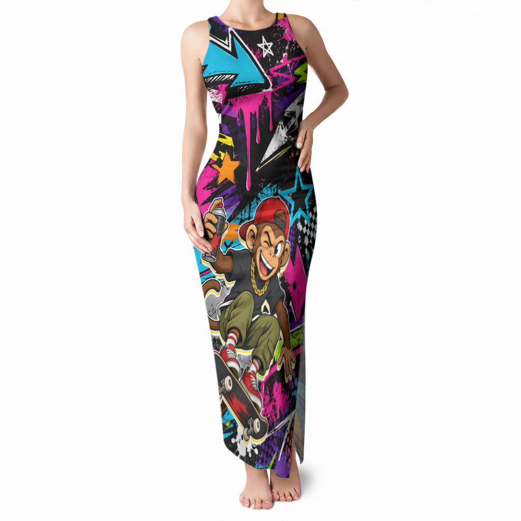Skateboarding Monkey Tank Maxi Dress Neon Graffiti Spray Paint Urban Streetwear Art
