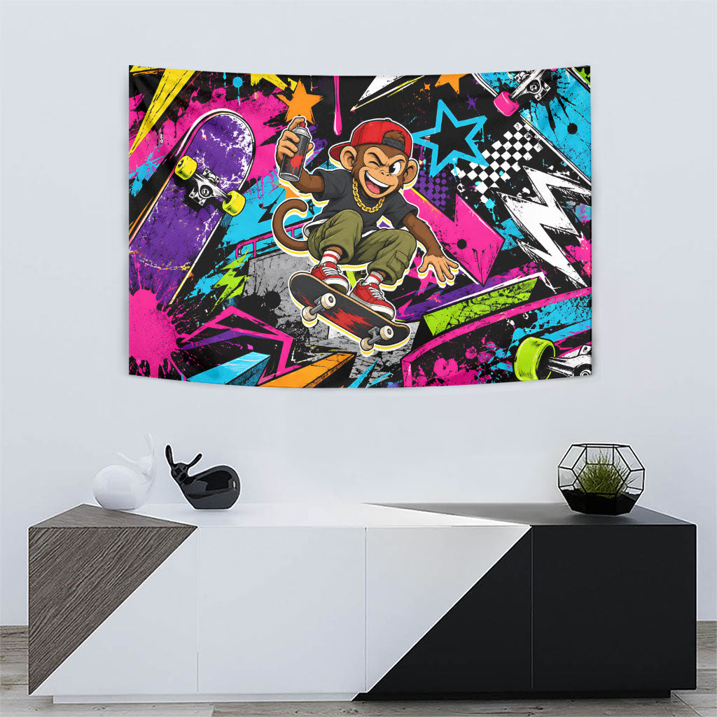 Skateboarding Monkey Tapestry Neon Graffiti Spray Paint Urban Streetwear Art