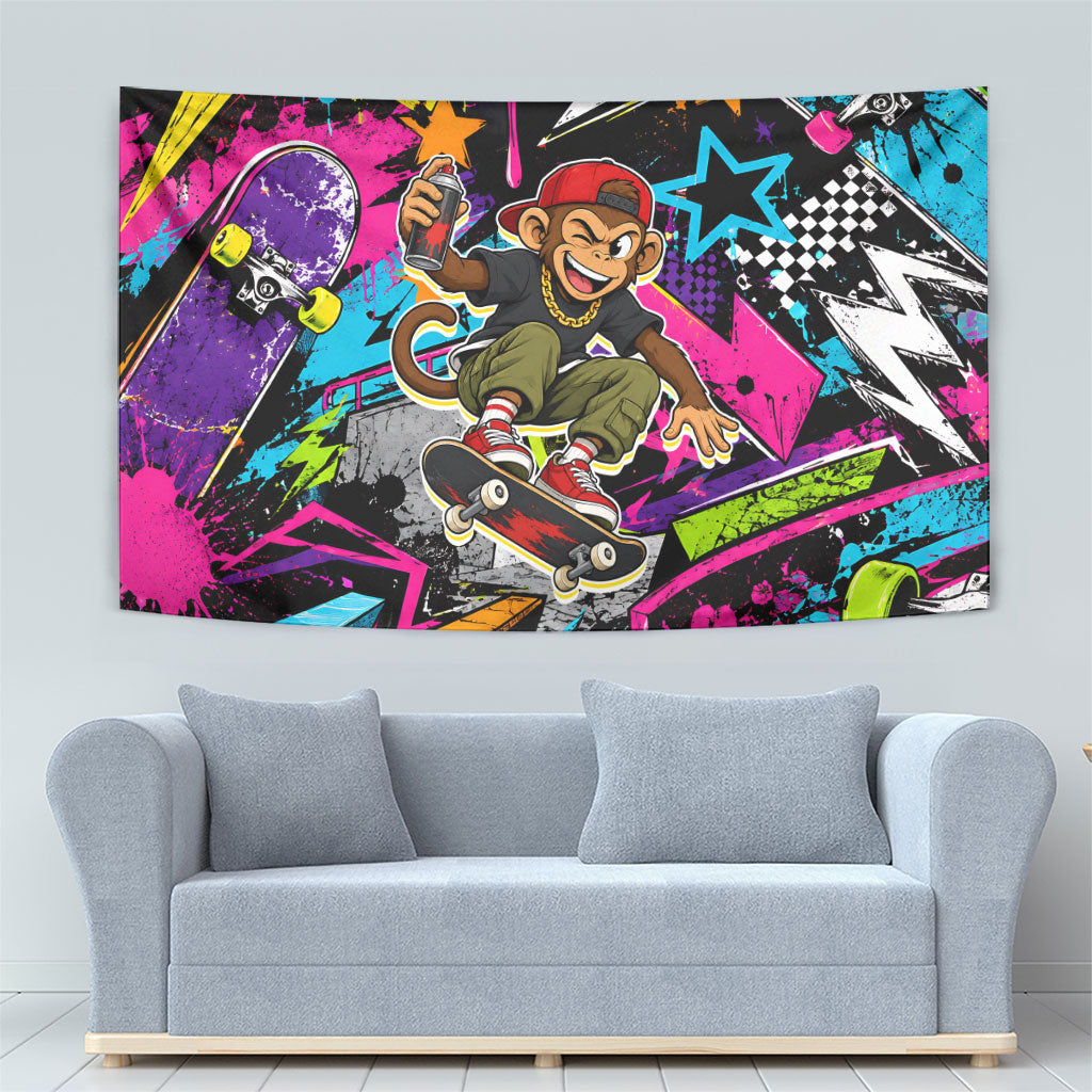 Skateboarding Monkey Tapestry Neon Graffiti Spray Paint Urban Streetwear Art